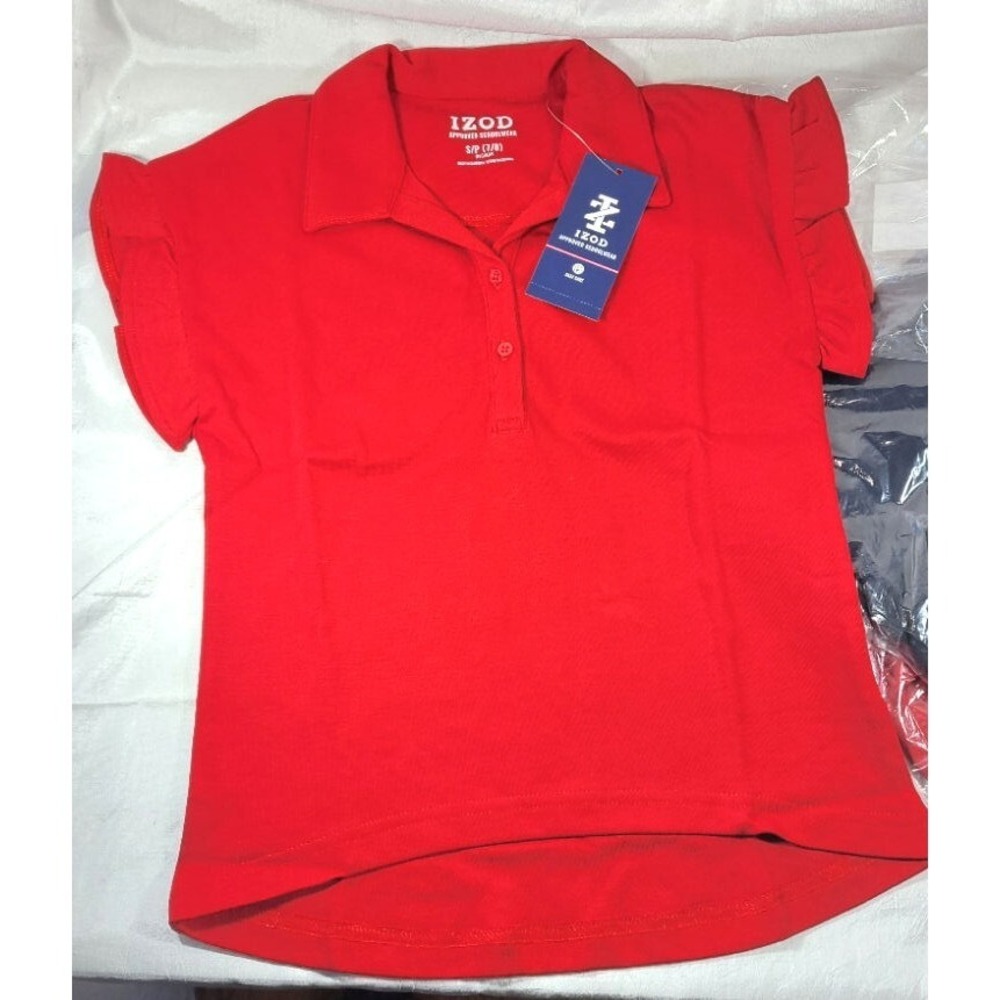 LOT 3 Izod Schoolwear Girl's Short Sleeve Ruffle Tops - Red & Navy - Sz S (7/8)
